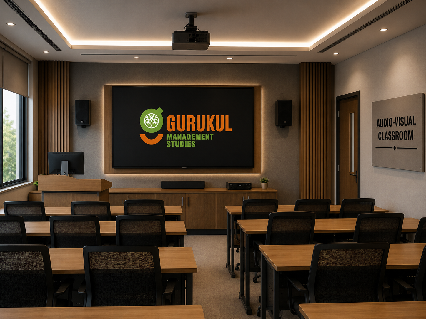 Gurukul Management Studies audio-visual classroom for healthcare management education
